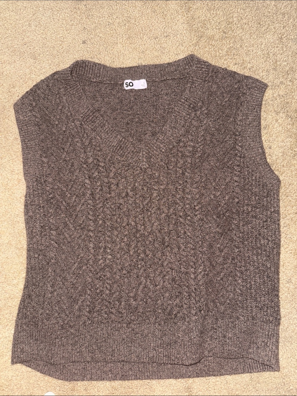 SO V-Neck Cable Knit Sweater Vest in Taupe Brown
